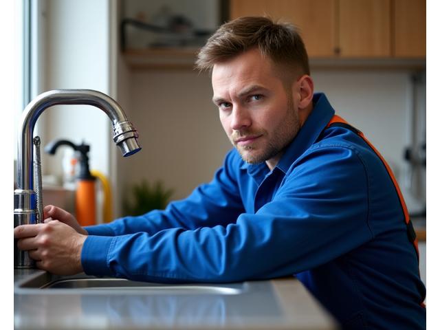 Emergency plumbing repair in an apartment, showing a skilled technician inspecting pipes under a sink with urgency.